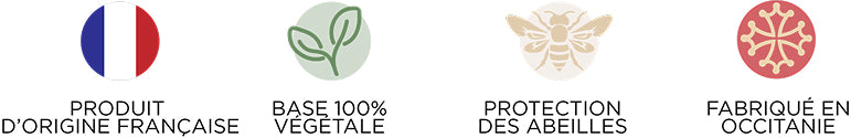 Badges de qualité Protect - Produit français, base végétale, protection des abeilles, fabriqué en Occitanie