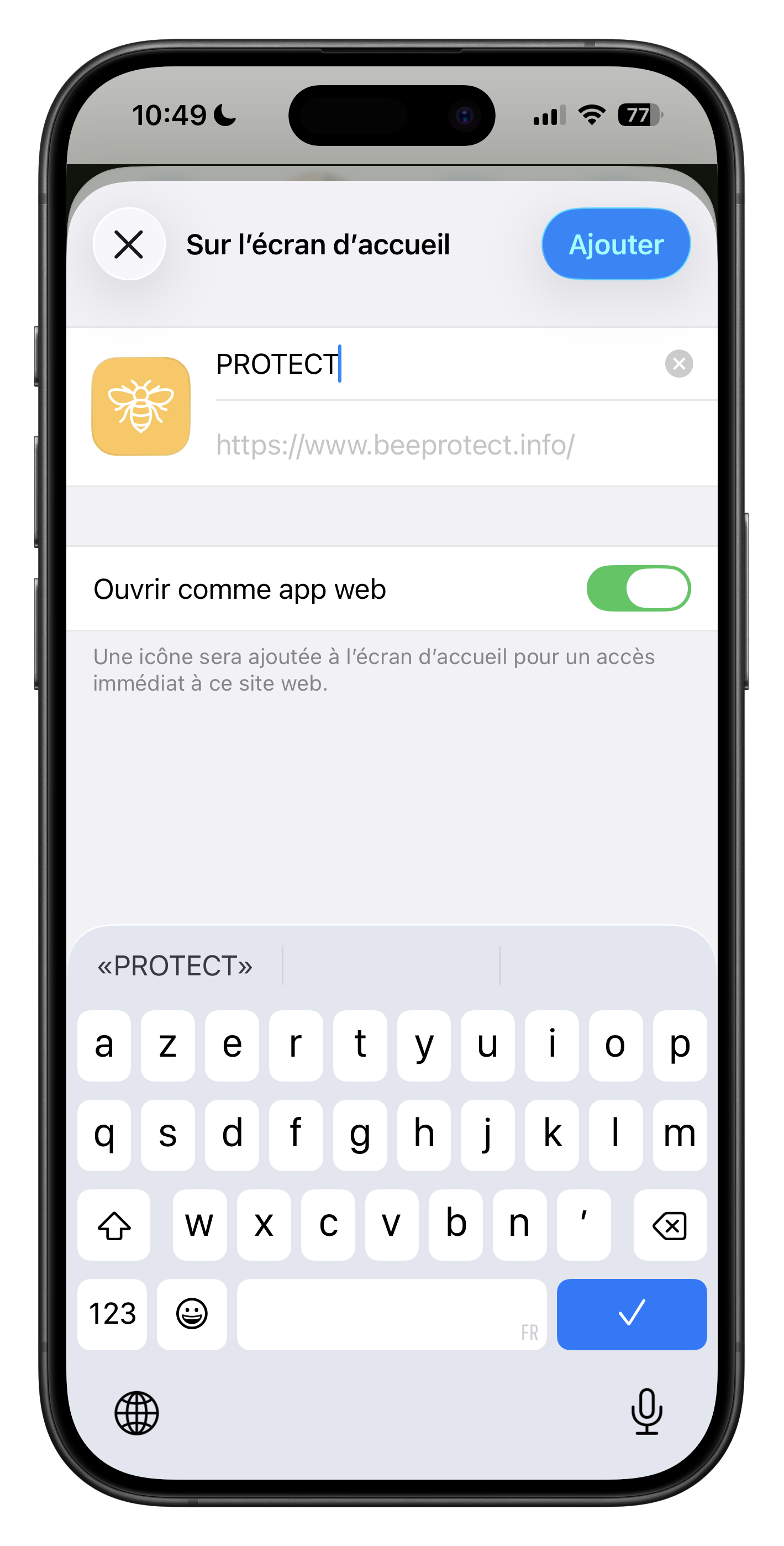 Capture d’écran, étape 3, confirmation Ajouter sur iPhone